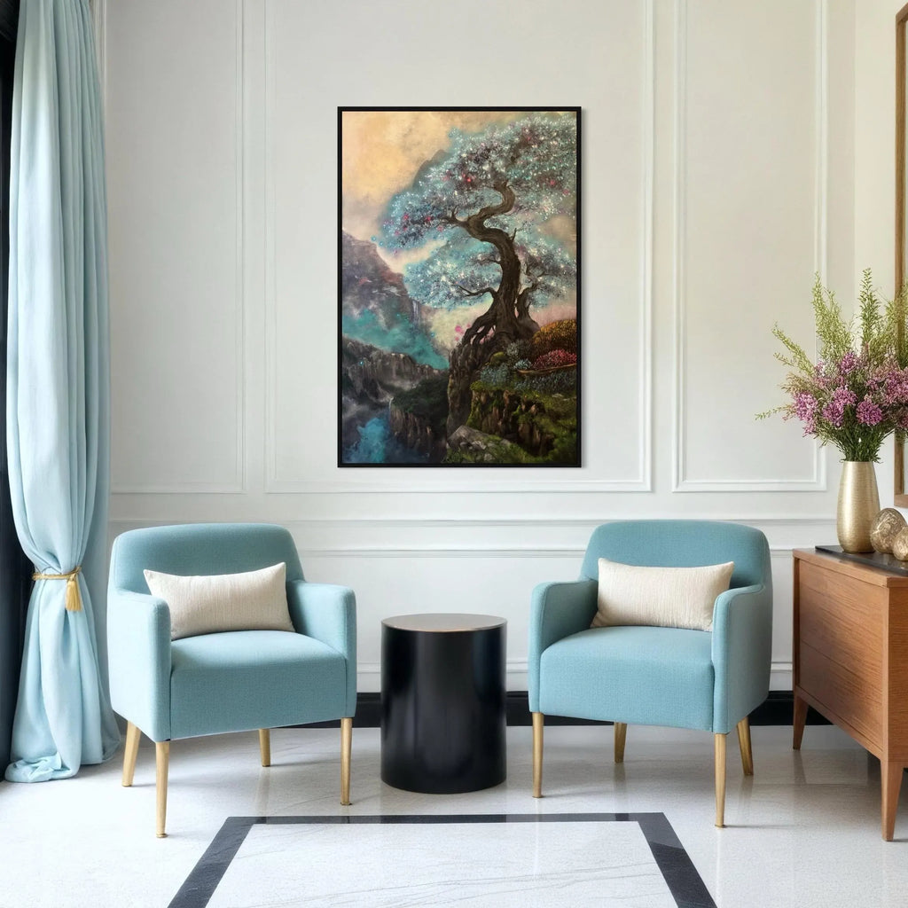 Aoki – Original Blue Tree Painting | UV Reactive Neon Acrylic Fantasy Landscape | Collector Artwork