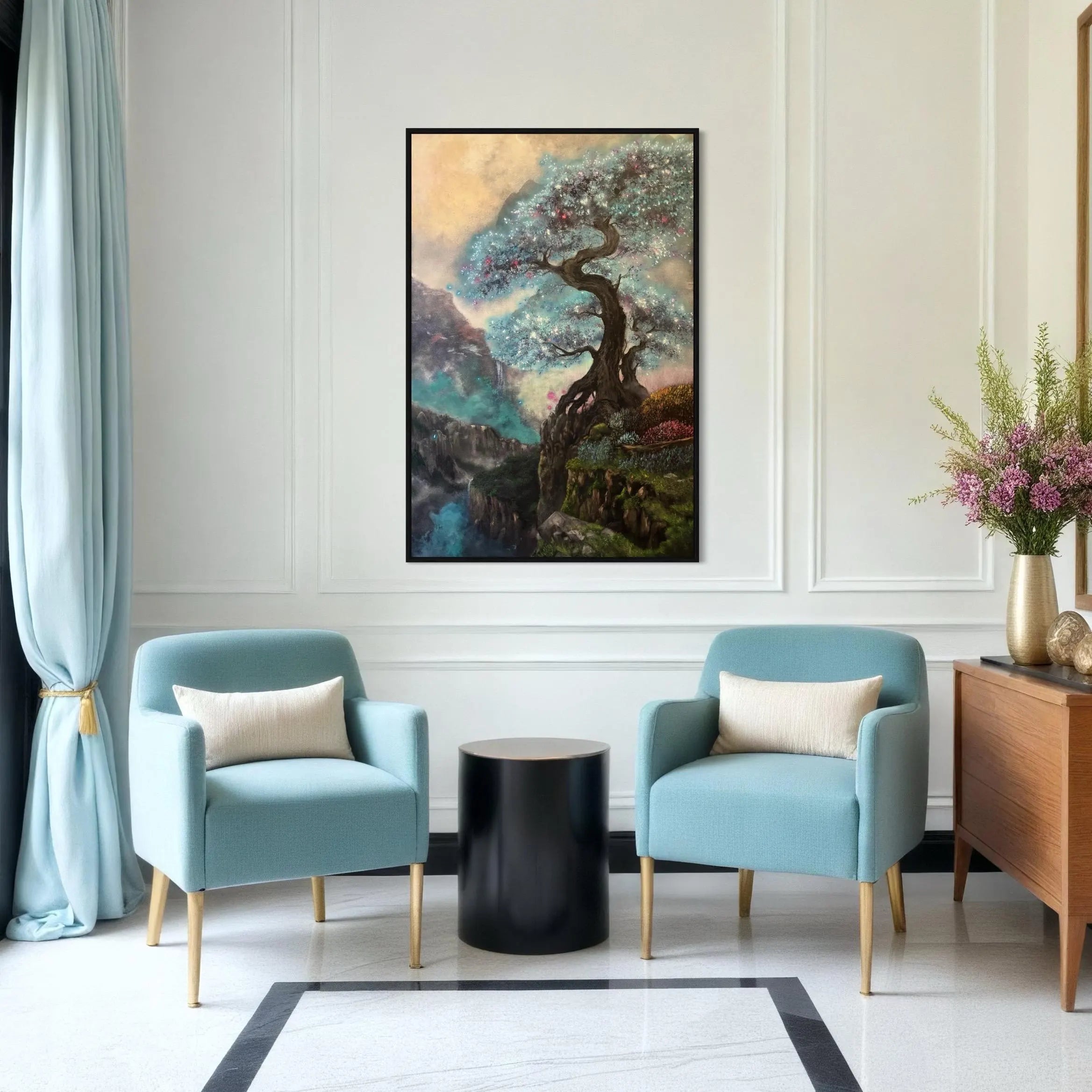 Aoki – Original Blue Tree Painting | UV Reactive Neon Acrylic Fantasy Landscape | Collector Artwork