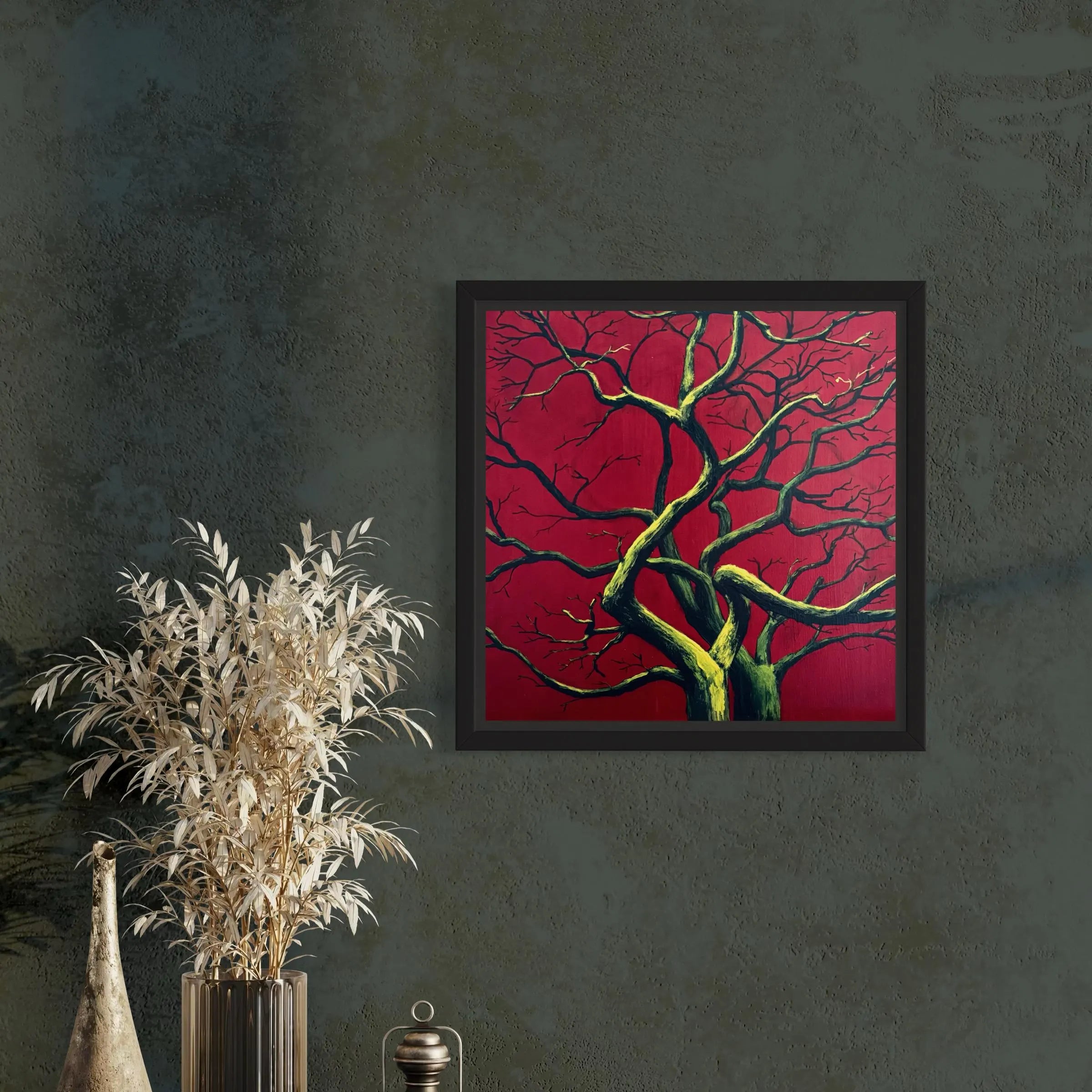 Alberi I – Original Acrylic Painting of Winter Trees with Neon Glow Under UV Light