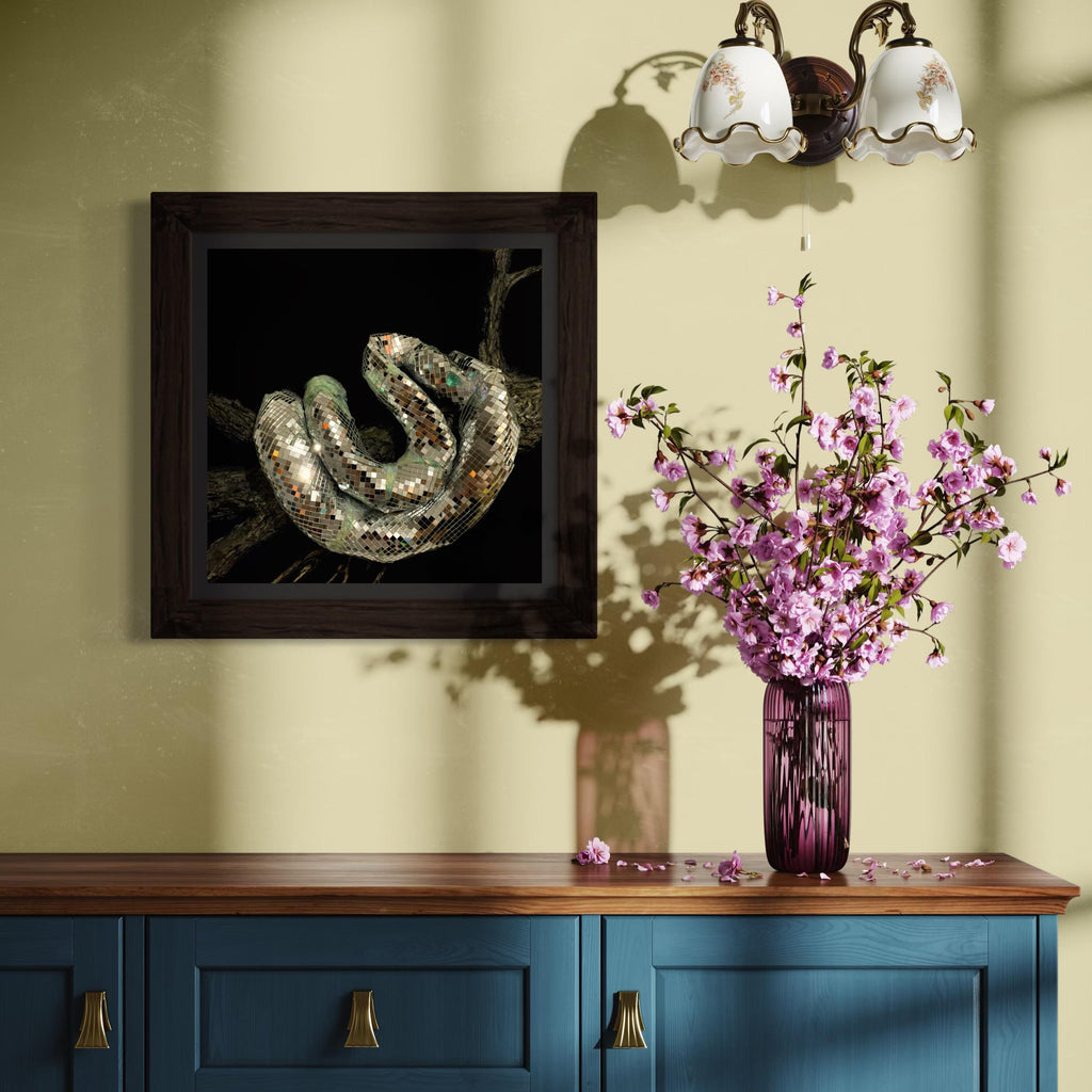 Iris - Ophidia | Sculpted Snake with Mirrors and Fluorescent Resin on Canvas