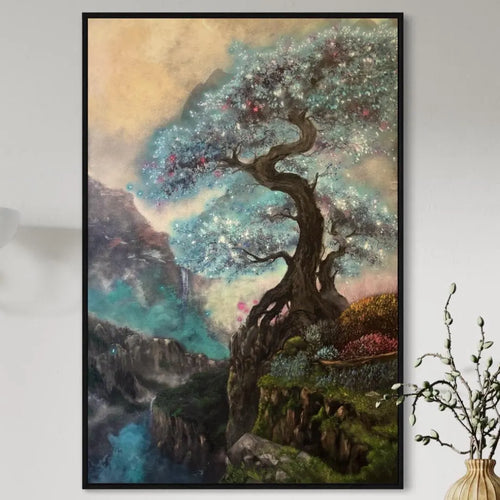 Aoki – Original Blue Tree Painting | UV Reactive Neon Acrylic Fantasy Landscape | Collector Artwork