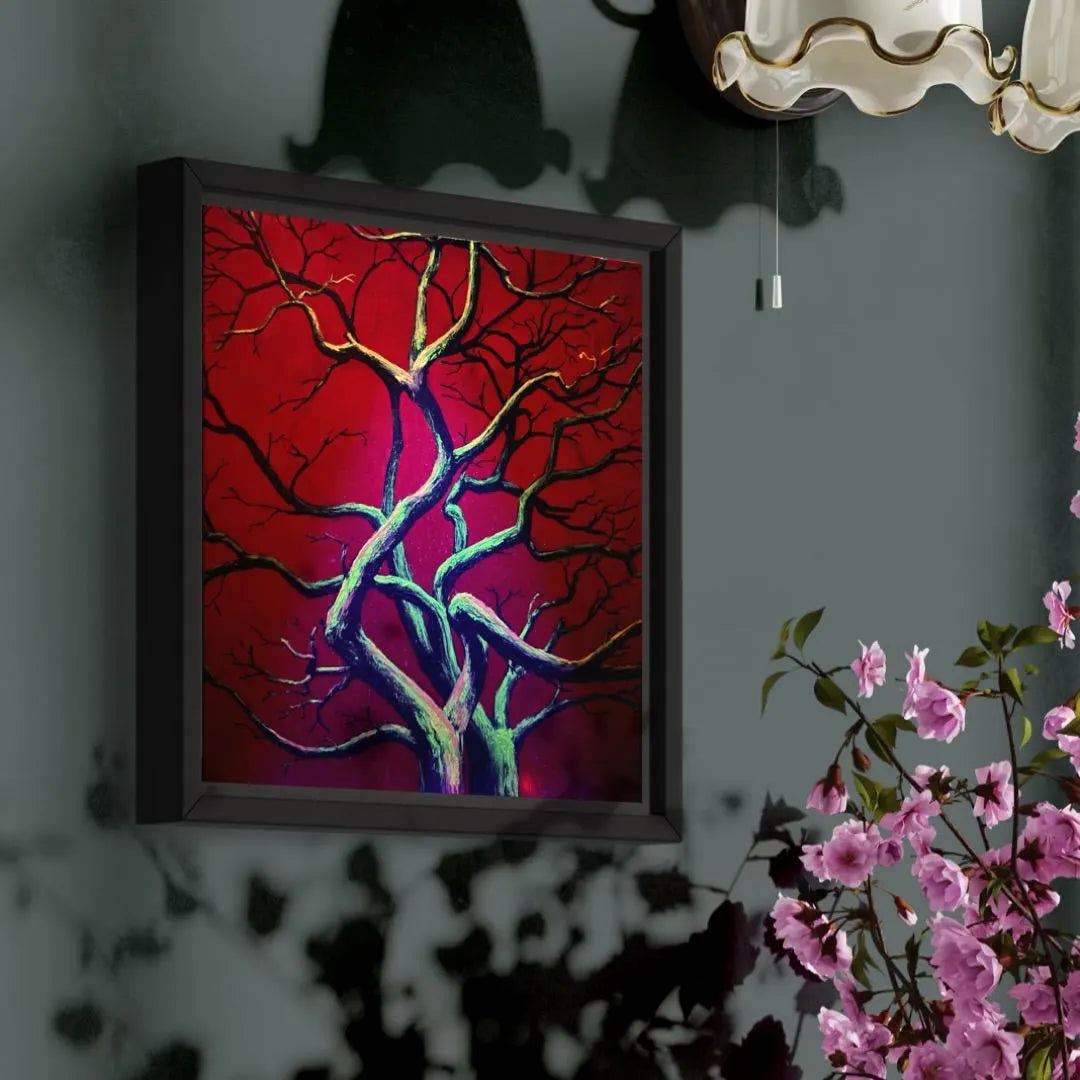 Alberi I – Original Acrylic Painting of Winter Trees with Neon Glow Under UV Light