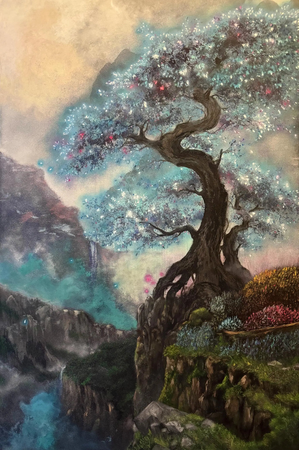 Aoki – Original Blue Tree Painting | UV Reactive Neon Acrylic Fantasy Landscape | Collector Artwork