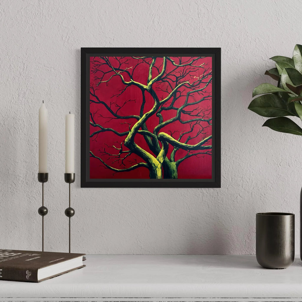 Alberi I – Original Acrylic Painting of Winter Trees with Neon Glow Under UV Light