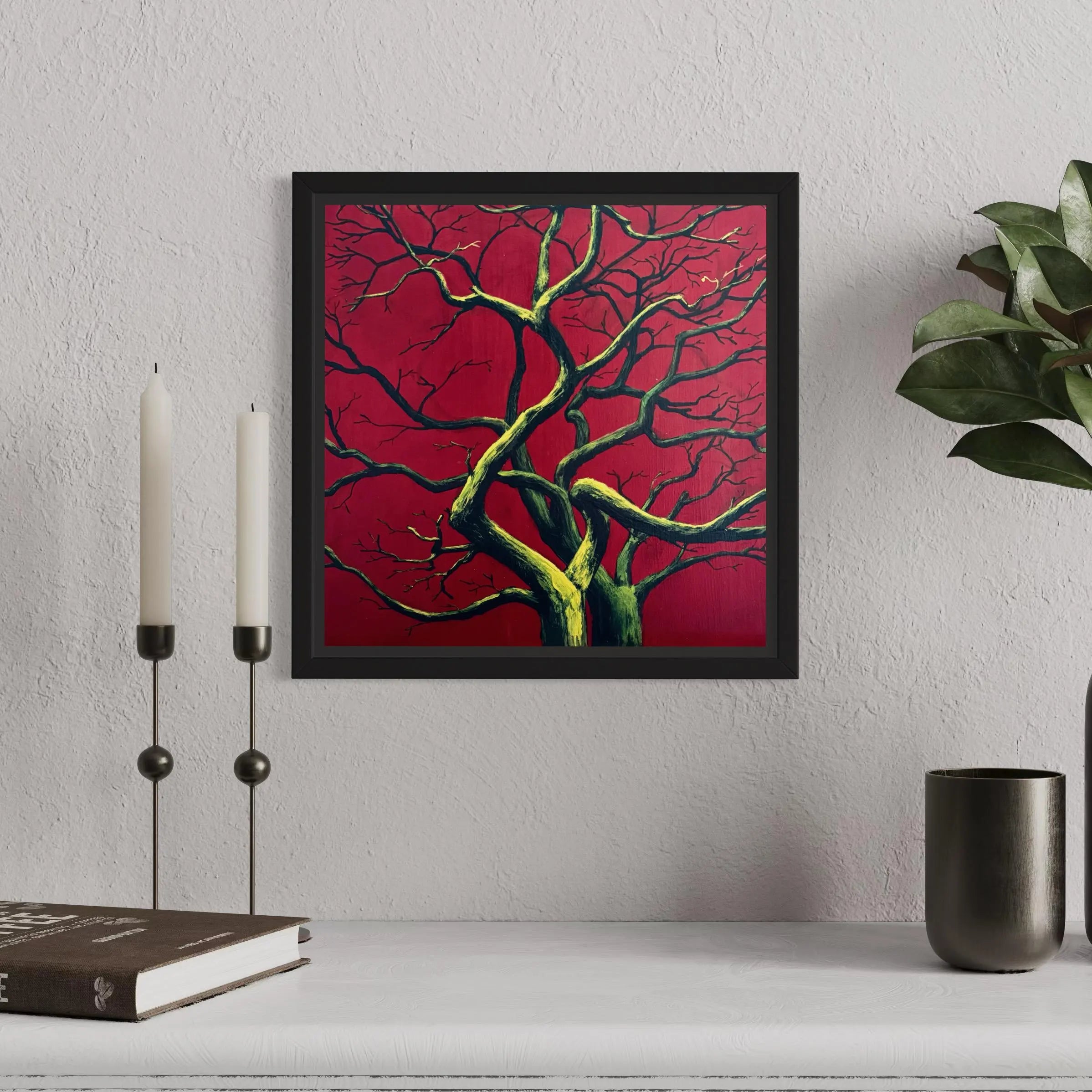 Alberi I – Original Acrylic Painting of Winter Trees with Neon Glow Under UV Light