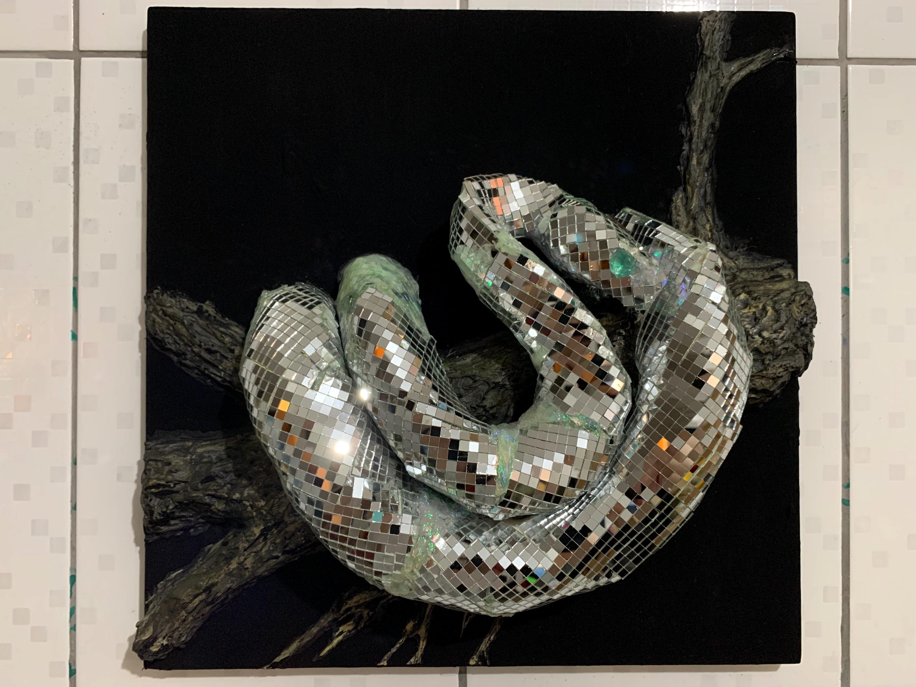 Iris - Ophidia | Sculpted Snake with Mirrors and Fluorescent Resin on Canvas