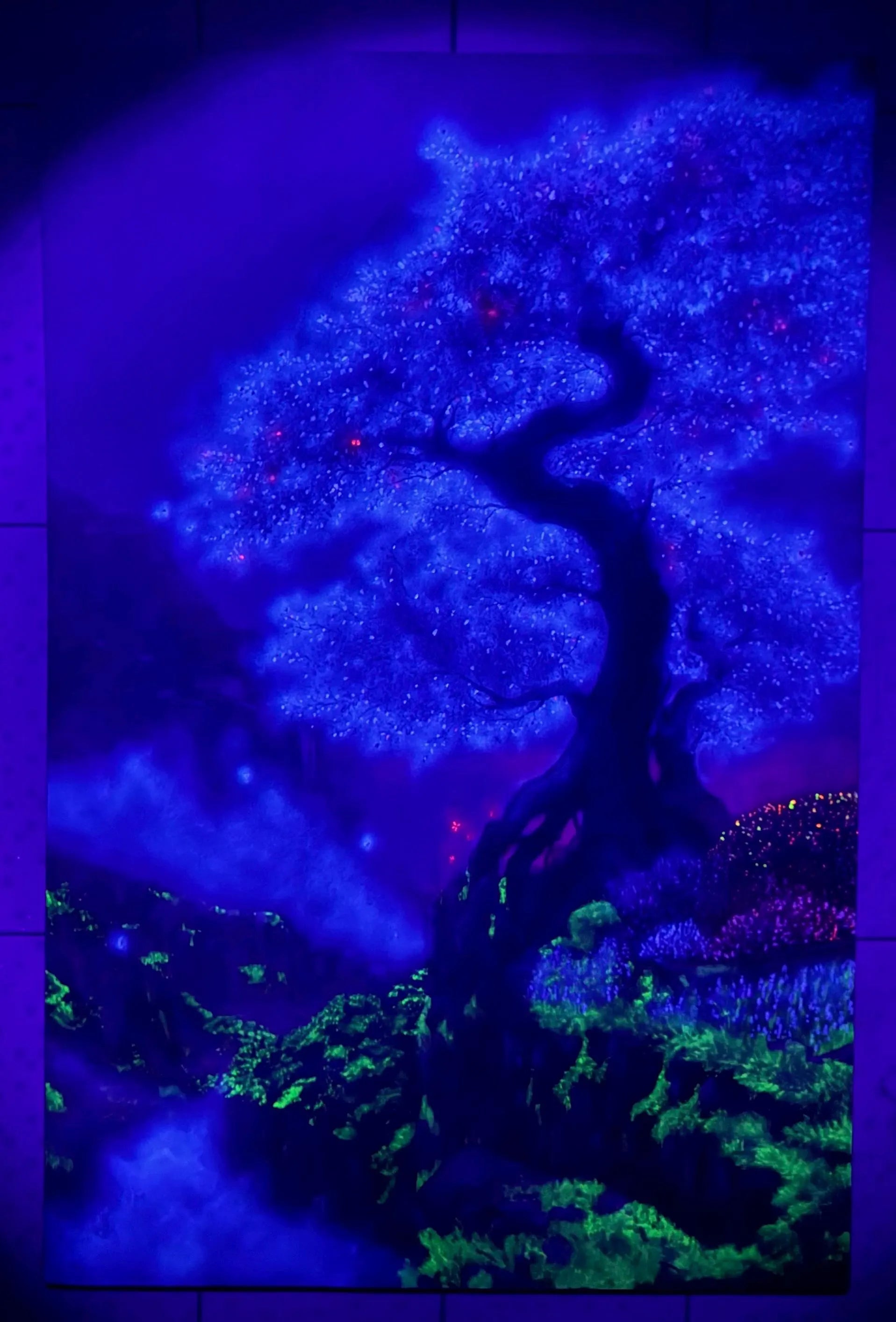 Aoki – Original Blue Tree Painting | UV Reactive Neon Acrylic Fantasy Landscape | Collector Artwork