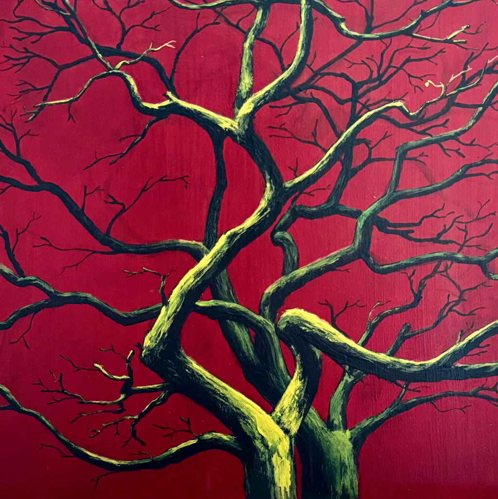 Alberi I – Original Acrylic Painting of Winter Trees with Neon Glow Under UV Light
