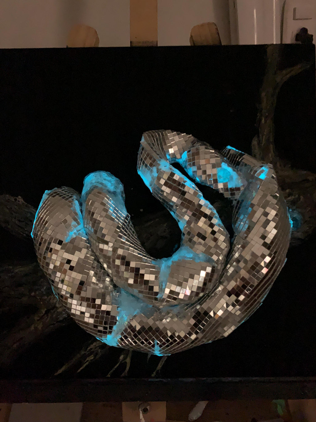 Iris - Ophidia | Sculpted Snake with Mirrors and Fluorescent Resin on Canvas