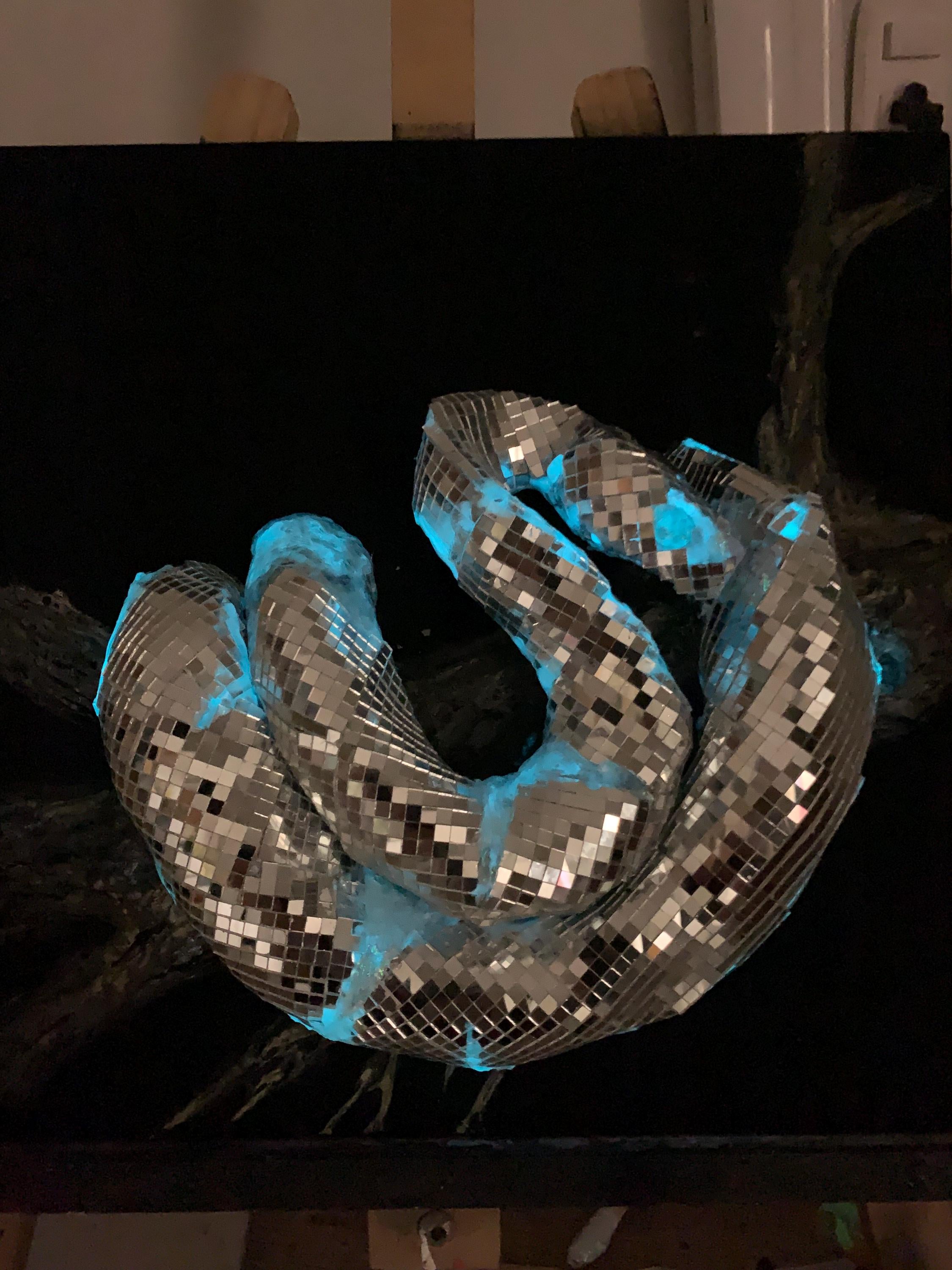 Iris - Ophidia | Sculpted Snake with Mirrors and Fluorescent Resin on Canvas
