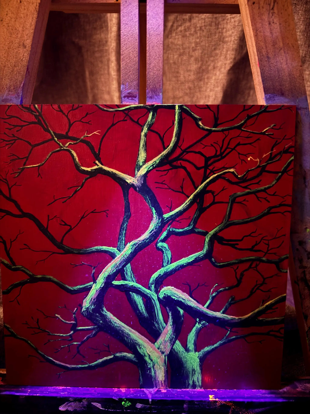 Alberi I – Original Acrylic Painting of Winter Trees with Neon Glow Under UV Light