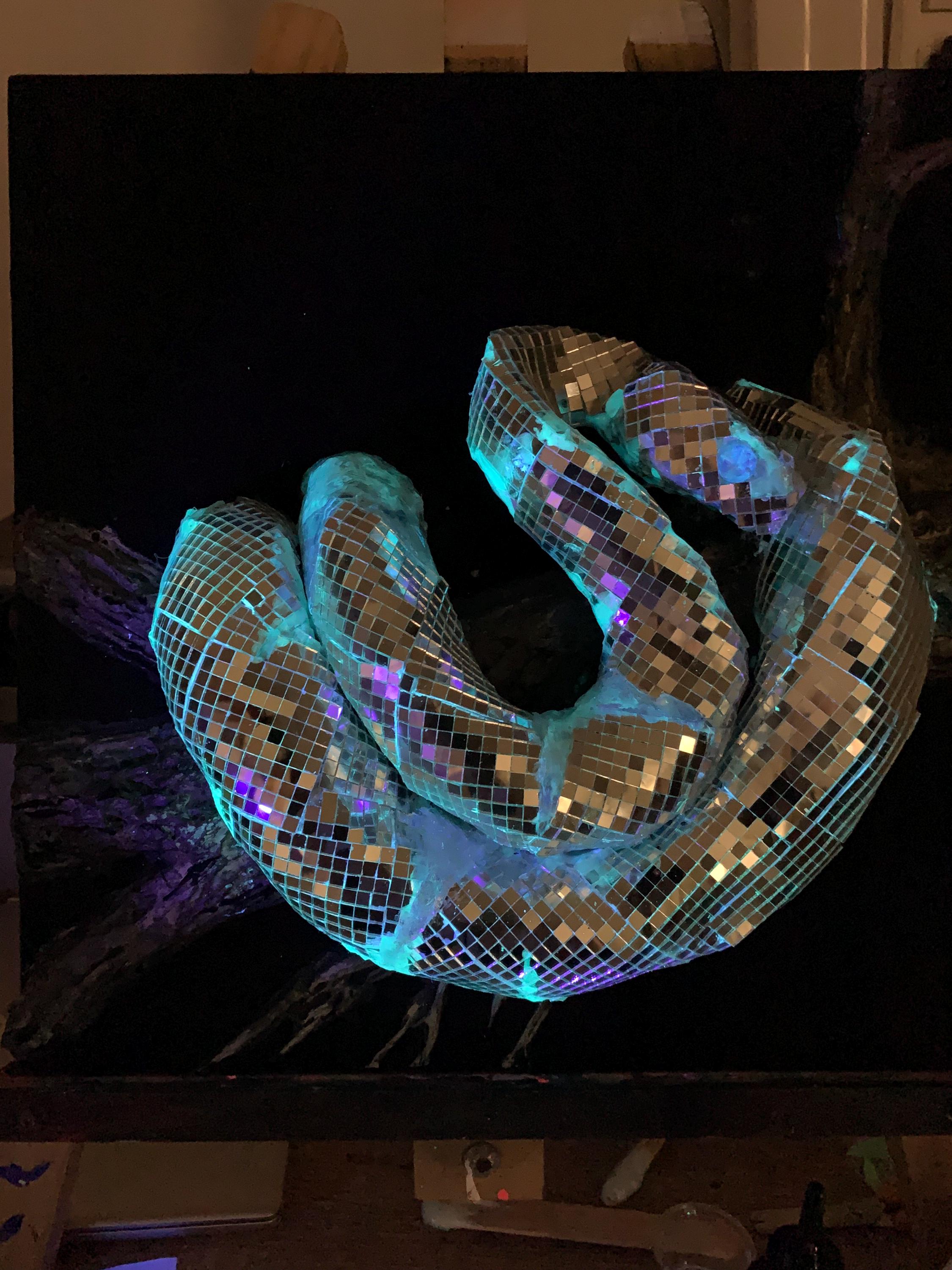 Iris - Ophidia | Sculpted Snake with Mirrors and Fluorescent Resin on Canvas