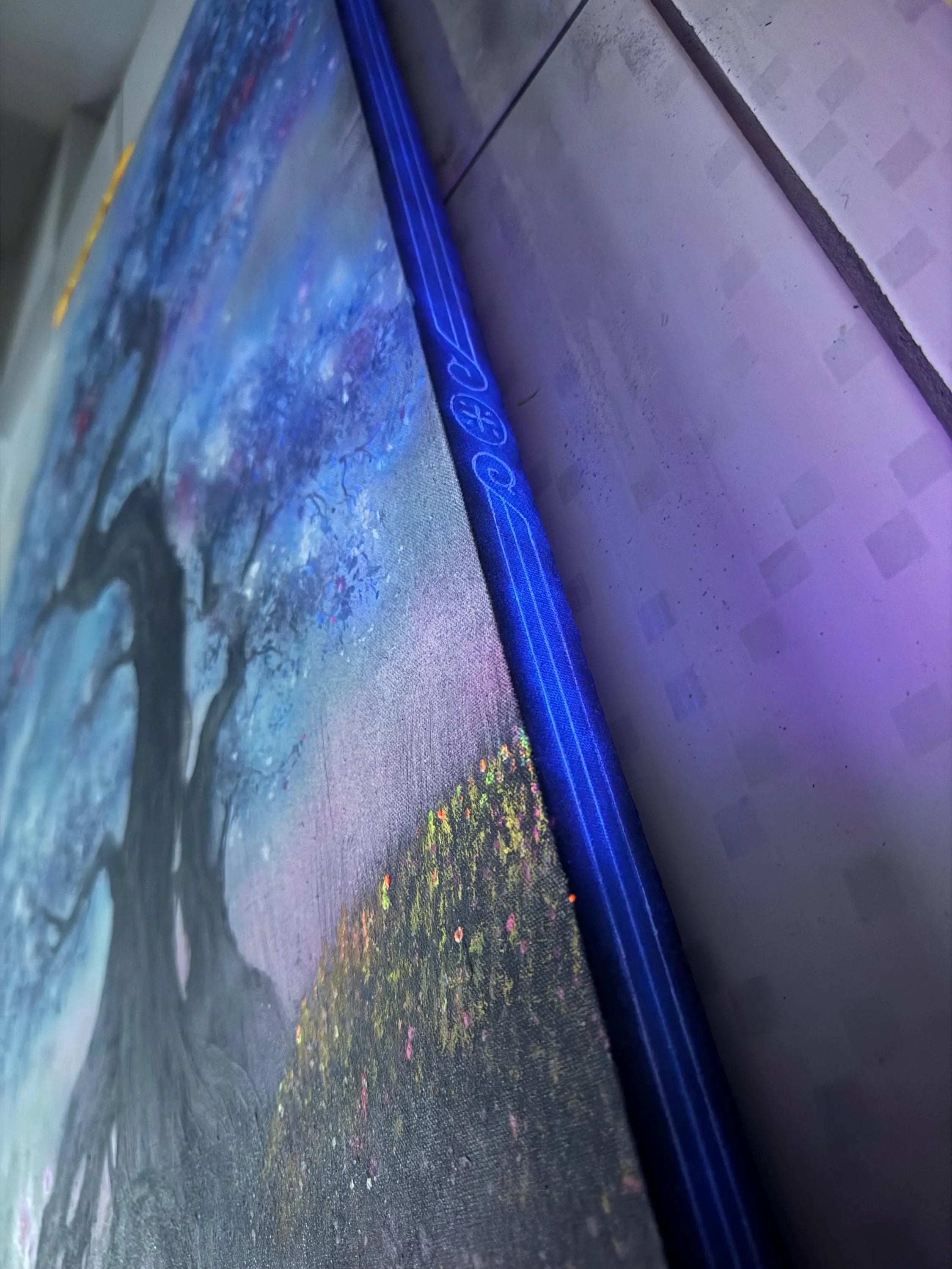 Aoki – Original Blue Tree Painting | UV Reactive Neon Acrylic Fantasy Landscape | Collector Artwork