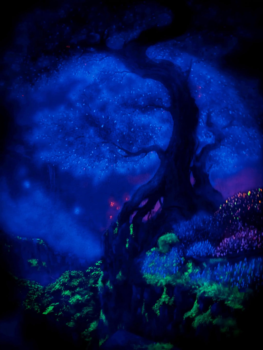 Aoki – Original Blue Tree Painting | UV Reactive Neon Acrylic Fantasy Landscape | Collector Artwork