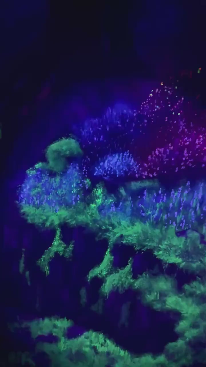 Aoki – Original Blue Tree Painting | UV Reactive Neon Acrylic Fantasy Landscape | Collector Artwork